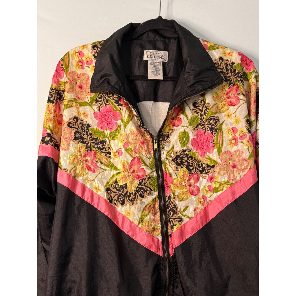VTG Basic Editions Womens Large Floral Print Black‎ Pink Zip Up Track Jacket